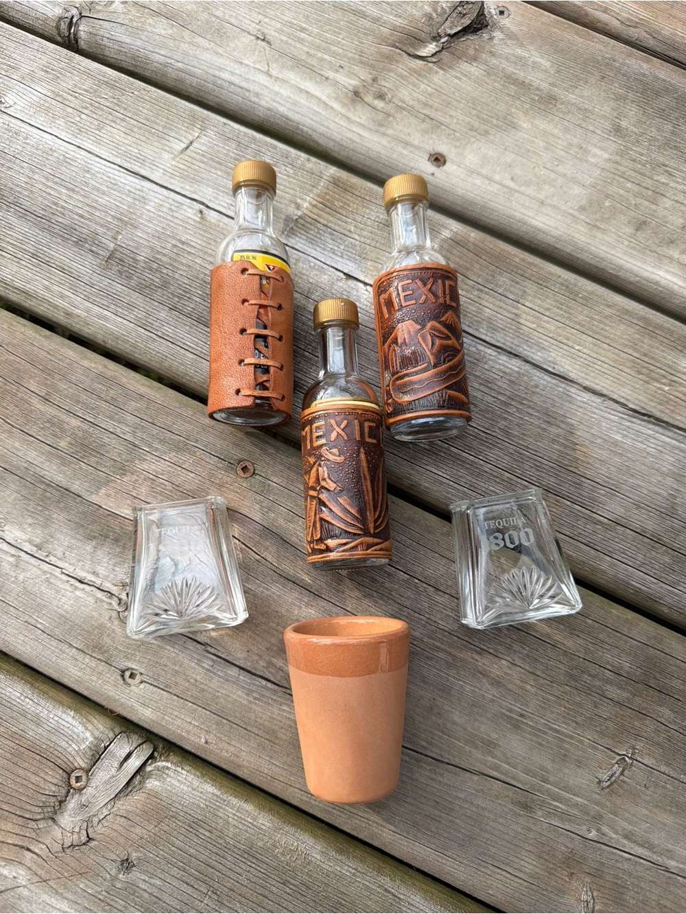 Vintage Tequila 1800 Mexico Barware Lot Leather Bottles Shot Glasses 6pc